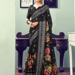 Satrani Black Floral Print Saree With Unstitched Blouse-image-13
