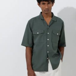 WES Casuals by Westside Teal Solid Relaxed-Fit Cotton-Blend Shirt-image-62