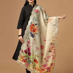 Kaizen TEXO FAB Floral Printed Mirror Work Organza Dupatta-29