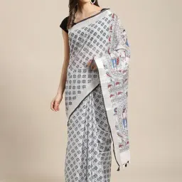 Kalakari India White Linen Printed Saree With Unstitched Blouse-image-83