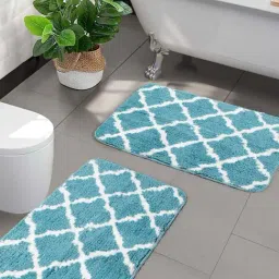 Saral Home Turquoise Blue & White Microfibre Bathmats - Set of 2-image-90