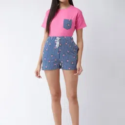 Miss Chase Pink & Navy Cotton Printed Crop Top Shorts Set-23