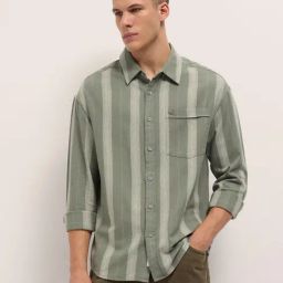The Bear House Green Cotton Relaxed Fit Stripes Overshirt-image-60