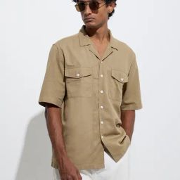 WES Casuals by Westside Dark Beige Solid Relaxed-Fit Cotton-Blend Shirt-image-98
