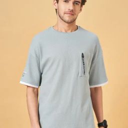 Street 808 By Pantaloons Nile Blue Loose Fit Texture T-Shirt-25