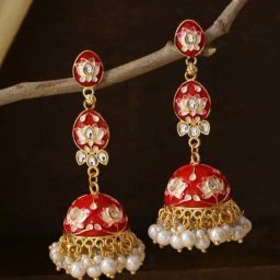 NVR Gold Plated Red Kundan Jhumki Earrings for Women-image-25