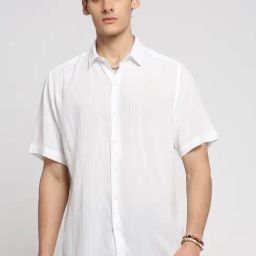 SHOWOFF White Cotton Slim Fit Self Pattern Shirt-image-22