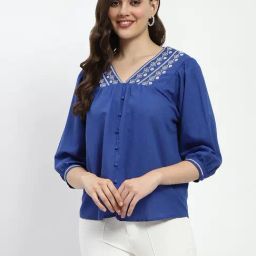 MADAME Royal Blue Linen Embroidered Top-image-8