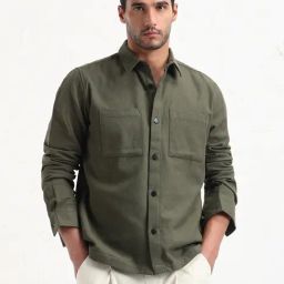 Showoff Green Cotton Slim Fit Shacket-image-84