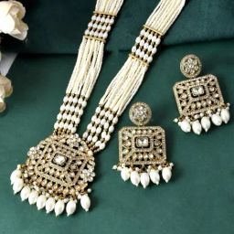 VOJ White Copper Toned Artificial Stone Studded Geometrical Long Necklace & Earring Set-image-34