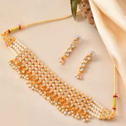 VOJ Gold Plated Artificial Beads & Stone Studded Necklace & Earring Set-image-23