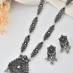 VOJ Silver Oxidized Plated Artificial Stone & Beaded Long Necklace & Earring Set-image-64