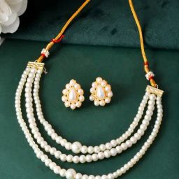 VOJ White Gold Plated Artificial Pearl Multi Layer Necklace & Earring Set-image-14