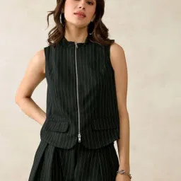 VIRGIO Black Viscose Stripes Sleeveless Top-picture-38