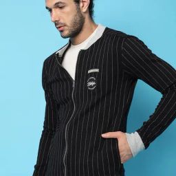 Campus Sutra Black & Grey Cotton Regular Fit Striped Bomber Jacket-picture-39