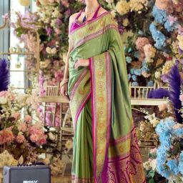 Satrani Pista Green & Magenta Silk Woven Saree With Unstitched Blouse-image-44