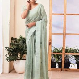 Satrani Tea Green Printed Saree With Unstitched Blouse-picture-7