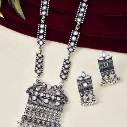 VOJ Silver Oxidized Plated Stone Studded Beaded Long Necklace & Earring Set-image-17