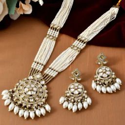 VOJ White Copper Toned Artificial Stone Studded Circular Long Necklace & Earring Set-image-36