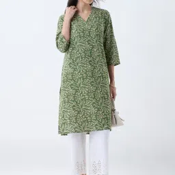 Utsa by Westside Green Leaf Pattern Cotton Straight Kurta-picture-27