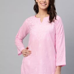 ADA Women Pink & White Chikankari Embroidered Pure Cotton Straight Handloom Kurti-picture-42