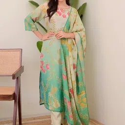 URMIR FASHION Women Floral Printed Regular Thread Work Kurta with Trousers & With Dupatta-picture-3