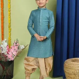 TABARD Cotton Full Sleeve Regular Fit Chikankari Embroidery Green Kurta Set For Kids-image-5