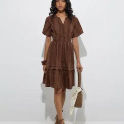 LOV by Westside Brown Schiffli Detailed Cotton Tiered Dress-image-86