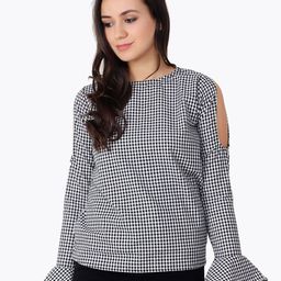 CORSICA Women Checked Bell Sleeves Cotton Top-image-16
