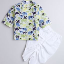 Polka Tots Full Sleeves Elephant Print  Angrakha Kurta With Dhoti Set - White-image-96