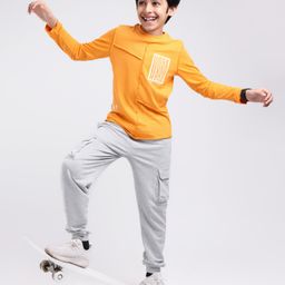 Pine Kids Knit Full Sleeves T Shirt & Lounge Pant Text Print - Orange Grey Melange-image-22