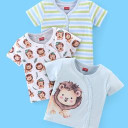 Babyhug 100% Cotton Knit Half Sleeves Front Open Jhablas Stripes & Lion Print Pack of 3 - Multicolour-image-20