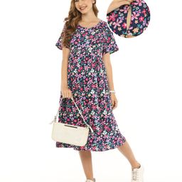 Bella Mama Woven Flower Print Half Sleeves Maternity Dress with Pocket- Multicolour-picture-46