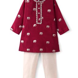 Babyhug Woven Full Sleeves Foil Printed Kurta & Dhoti Set - Maroon & White-image-22