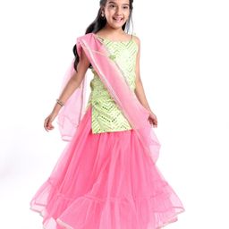 Pine Kids Woven Sleeveless Choli Lahenga & Dupatata With Mirror & Sequin Design - Green & Pink-picture-3