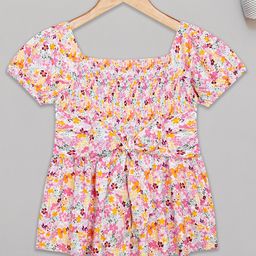 Budding Bees Half Sleeves Floral Printed SmockedTop - Pink-picture-7