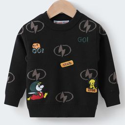 Kookie Kids Knit Full Sleeves Pullover Sweater with Text Design - Black-image-26