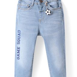 Babyhug Denim Full Length Stretch Jeans with Text Print - Blue-image-3