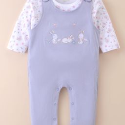 ToffyHouse 100% Cotton Knit Full Sleeves Floral & Bunny Printed Dungaree Style Romper & T-Shirt -Light Blue-image-42