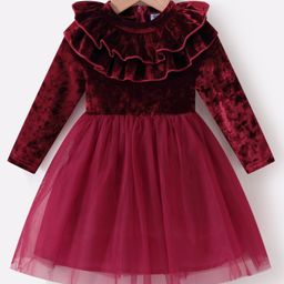 Kookie Kids Full Sleeves Frock with Frill Detailing - Maroon-image-45