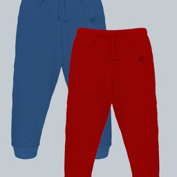 Kiddopanti Cotton Pack Of 2  Solid Track Pants - Teal Blue & Red-image-49