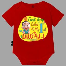 The Peppy Tend Diwali Theme 100% Cotton Half Sleeves Cant Keep Calm Its My First Diwali Text Printed Onesie - Red-picture-22