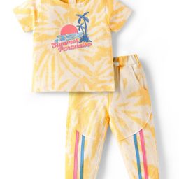 Babyoye Cotton Knit Terry Half Sleeves T-Shirt & Joggers with Puff & Summer Paradise Text Print - White & Yellow-image-88