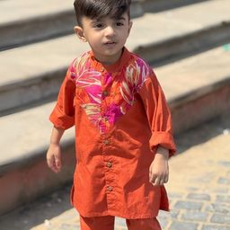 Peekaaboo Kids Pure Cotton Floral Printed & Colour Blocked Kurta Pant Set - Orange-image-56