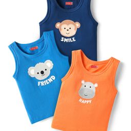 Babyhug 100% Cotton Single Jersey Knit Antibacterial Sleeveless Sandos With Animal Print Pack Of 3 - Orange Blue & Navy Blue-image-89