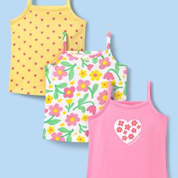 Babyhug Single Jersey Knit SleevelessAntibacterial Slips With Heart & Floral Print Pack Of 3 - Yellow Pink & White-image-61