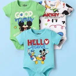 Babyhug Disney Interlock Knit Half Sleeves Onesies With Mickey Mouse Graphics Pack Of 3 - Light Blue Light Green & White-picture-25