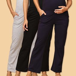 The Mom Store Pack Of 3 Cotton Spandex Solid Maternity Track Pants - Black Navy Blue & Grey-picture-48