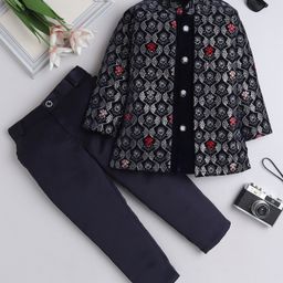 Fourfolds Velvet Full Sleeves Floral Embroidered & Sequins Embellished Sherwani & Trousers Set - Navy Blue-image-95