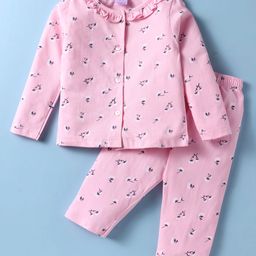 Smarty Girls 100% Cotton Knit Full Sleeves Frill Detail Neck Night Suit With Floral Print - Pink-image-30